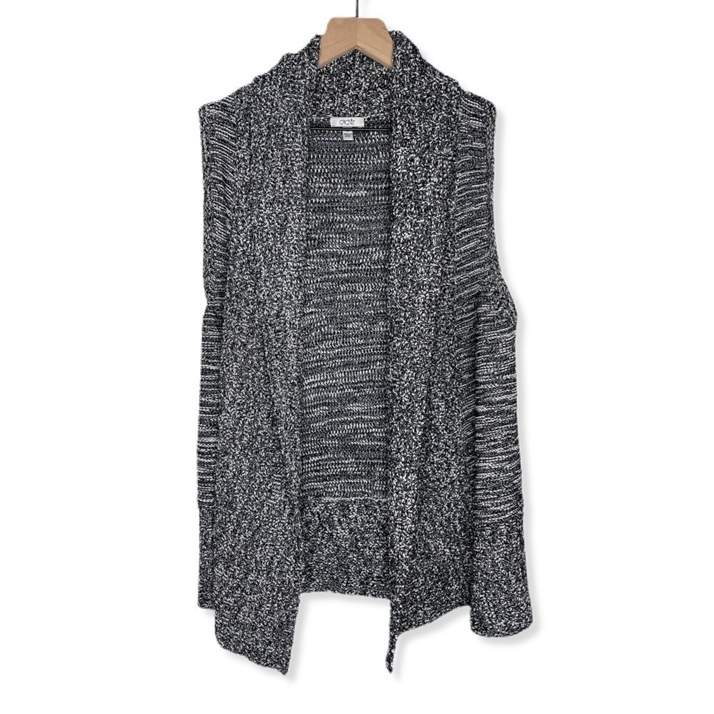 𝅺Cache Open Sleeveless Cardigan Vest Black White Marled Textured Knit